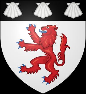 Argent, a lion rampant gules on a chief sable three escallops of the first (Russell).