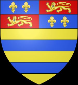 Or, two bars azure a chief quarterly azure and gules; in the 1st and 4th quarters two fleurs-de-lis and in the 2nd and 3rd a lion passant guardant or