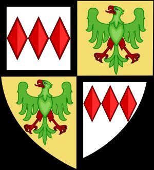 Quarterly, 1st & 4th: Argent, 3 fusils conjoined in fess gules, a bordure sable (Montagu); 2nd & 3rd: Or an eagle displayed vert beaked and membered gules (Monthermer).