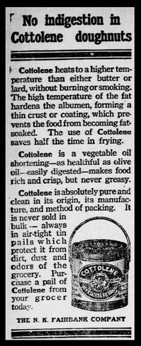 다양한 브랜드 이름으로 판매된 면실유 쇼트닝은 19세기 후반에 라드를 대체하는 주요 대체품으로 등장했다. (1912년 광고)
