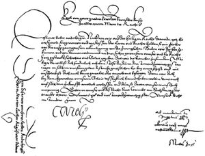 마르틴 루터가 보름스 국회에 출두하라는 소환장. 카를 5세의 서명이 있다. 왼쪽 텍스트는 뒷면에 있었다.