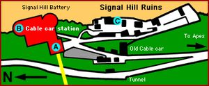 시그널 힐의 건물 개략도. A는 상부 케이블카 역의 웨스트 테라스, B는 노스 테라스, C는 신호소의 잔해.