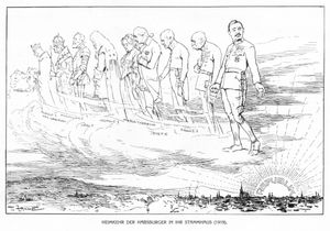 공화국의 새벽을 그린 그림. 중세 이래의 합스부르크가가 오스트리아에서 떠나가는 모습. 선두부터 왕조 발상지 합스부르크 성, 시조왕 루돌프 1세가 이어지고, 마지막이 카를 1세 (1919년)