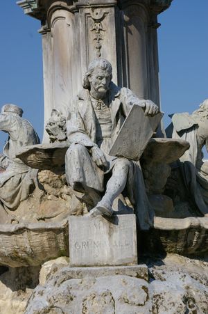 19세기 페르디난트 폰 밀러가 제작한 뷔르츠부르크 레지덴츠 앞에 있는 프랑코니아 분수에 묘사된 그림 속의 그뤼네발트