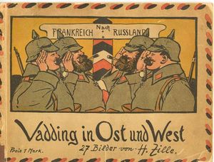 하인리히 질레의 그림. 서쪽의 프랑스로 향하는 독일군과 동쪽의 러시아로 향하는 독일군이 서로에게 미소 지으며 경례하고 있다.
