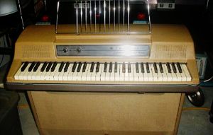 Photograph of the front of a Wurlitzer electric piano, showing keyboard
