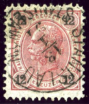 1891년 독일어와 폴란드어로 된 오스트리아 K.K. 우표가 소인이 찍힘.