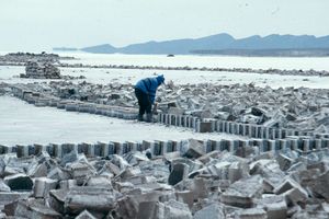 전통적인 소금 생산 방식. 이러한 소금 블록은 소금 호텔을 짓는 데 사용된다