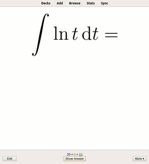 가상 플래시 카드의 예시: 수학 공식을 복습하기 위해 플래시 카드 소프트웨어 Anki를 사용한다. 먼저 질문만 표시된다. 그런 다음 확인을 위해 답변도 표시된다.