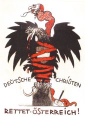 1920년의 반유대주의 CS 포스터, 유대-볼셰비키 뱀이 오스트리아 독수리를 질식시키는 모습; 텍스트: "독일 기독교인 – 오스트리아를 구하라!"