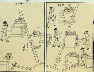 1637년 출판된 중국 백과사전 천공개물의 송응성이 그린 청동 솥 다리 주조 모습
