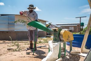 나미비아에서 저렴한 가축 사료 생산을 위해 관목 가지를 분쇄하는 농부