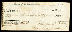 1792년 존 제이콥 아스터가 서명한 미국 은행 수표