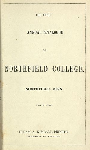 Scan of a page from a printed academic catalog, reading "The first annual catalogue of Northfield College, Northfield, Minn July 1868"