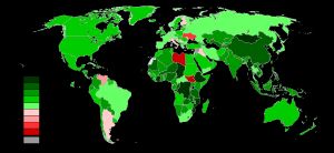 2014년 실질 GDP 성장률 국가별 비교 (빨간색 국가는 경기 침체 상태였다.)