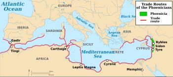 지중해에서 페니키아의 주요 무역로와 도시