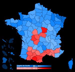 1차 투표 지역별 최다 득표자: 샤를 드 골(신공화국연합), 프랑수아 미테랑(민주사회좌파연합)