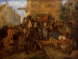 쿠바 노예 경매 그림. 산테리아의 대부분의 요소는 노예에 의해 보존된 아프리카 종교적 아이디어에서 나왔다.