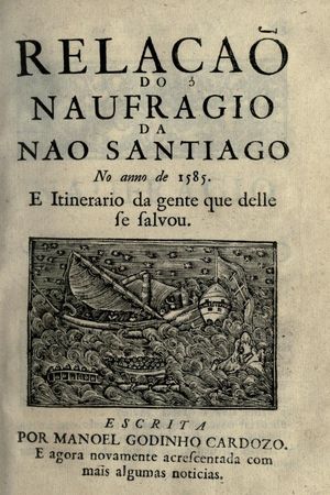 1585년 바사스다인디아 환초에서 산티아구호 (Santiago)의 침몰을 삽화로 실은 포르투갈 서적