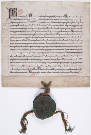 프랑스 국왕 필리프 4세가 파리의 생트 샤펠의 사제와 관리인에게 기증한 모습, 1286년 2월