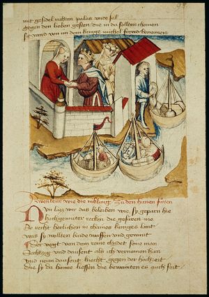 군터와 부르군트인들이 에첼의 궁정으로 떠날 준비를 하고 있다. Hundeshagenscher Kodex