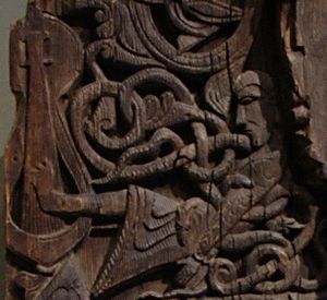 힐레스테드 스타브 교회(Hylestad stave church)의 뱀 구덩이에 있는 군나르, c. 1200.