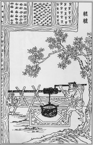 농부가 도르래를 이용해 물을 퍼올리는 모습, 송응성의 천공개물 삽화