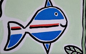 이탈리아 예술가 필리포 비아지올리가 삼프도리아의 색상으로 묘사한 물고기 낙서, 제노바.