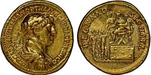 동방, 아르메니아, 메소포타미아, 파르티아에서 트라야누스의 승리를 묘사한 동전. 황제는 파르티아 황제 오스로에스 1세의 아들 파르타마스파테스에게 왕관을 수여하고 있다.