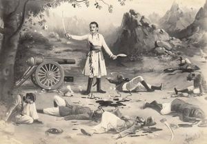 쿠크리를 왼손에, 탈와르(Talwar)를 오른손에 든 고르카 왕국(Gorkha Kingdom) 지휘관 갬비르 싱 레이마지 크셰트리 대령