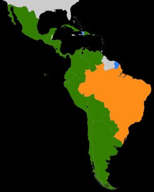 라틴 아메리카의 언어 지도. 스페인어는 녹색, 포르투갈어는 주황색, 프랑스어는 파란색