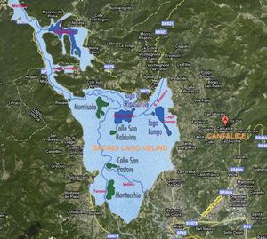 고대 리에티 계곡을 차지했던 고대 호수의 확장 지도를 보여주는 지도; 현대의 강과 호수는 더 어두운 파란색으로 표시되어 있음