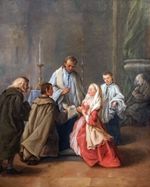 가톨릭 부부의 혼인성사. 라틴 전례에서 사제는 부부의 손에 영대를 얹어 혼인 서약을 확인한다.