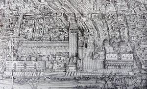 1500년의 광장과 피아체타 (새로 완공된 시계탑과 13세기 프로쿠라티에, 데 바르바리의 베네치아 목판화)