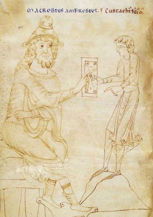 마크로비우스가 자신의 아들 에우스타키우스에게 자신의 저작을 바치는 장면. 1100년경에 제작된 마크로비우스의 《스키피오의 꿈 주해》 사본에서 발췌.