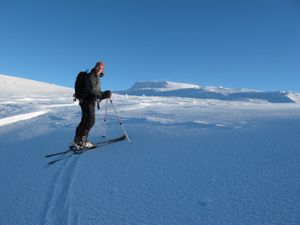 정상을 향해 스키를 타는 스키어