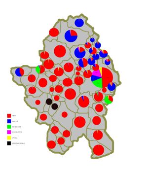 1991년 당시 자치구의 민족 구성. 적색은 세르비아인, 청색은 크로아티아인, 녹색은 보스니아인, 자색은 유고슬라비아인, 황색은 기타, 흑색은 불명.