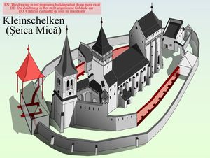 마르크트셸켄}})에 있는 중세 요새화된 복음주의 루터교 교회 평면도