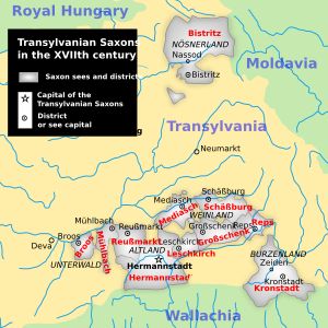 트란실바니아 작센인의 영토 범위를 나타내는 지도, 세(sees)와 구역을 포함합니다.