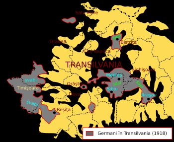 1918년 당시 트란실바니아 지도. 회색 부분이 트란실바니아 작센인의 정착지