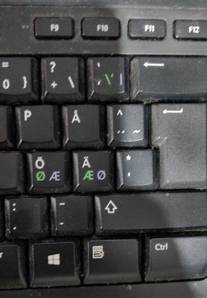 Æ 및 Ø 문자가 있는 북유럽 키보드. 덴마크 레이아웃은 파란색 레이블을 사용하고 노르웨이 레이아웃은 녹색 레이블을 사용한다. (흰색 레이블은 Ä와 Ö를 사용하는 스웨덴어 및 핀란드어용이다.)