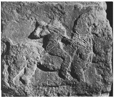 앙트르몽 오피다의 기둥, 말의 목에 머리를 걸고 있는 기마병을 묘사.