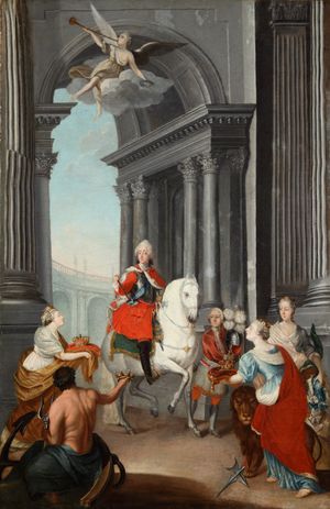 덴마크와 노르웨이가 프레데리크 5세 국왕에게 경의를 표하는 모습. 요한 프리드리히 게르하르트가 마르쿠스 투처의 소실된 그림을 복사, 1747년