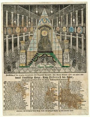 프레데리크 5세의 영구차가 1766년 3월 크리스티안보르 궁전 예배당에 안치된 모습.