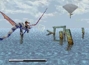 용과 기수가 팬저 드라군의 첫 번째 레벨을 통과하는 모습. 중앙에는 노란색 조준점이 나타나고, 왼쪽 하단에는 플레이어의 생명 게이지가, 오른쪽 상단에는 레이더가 표시된다.