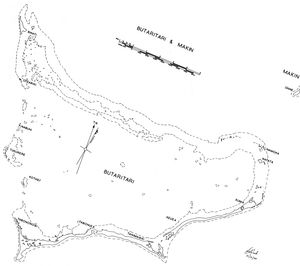 부타리타리 환초와 마킨 섬(오른쪽 위) 일부. 마킨의 대부분은 이 지도에 나타나 있지 않으며, 일부만 볼 수 있다.