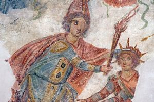 미트라 앞에 있는 헬리오스, 미트라 신전의 프레스코, 하마 박물관, 시리아.