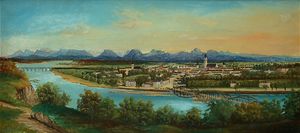 19세기 로젠하임; 앞쪽에는 인강이 있고, 뒤쪽에는 알프스가 보인다.