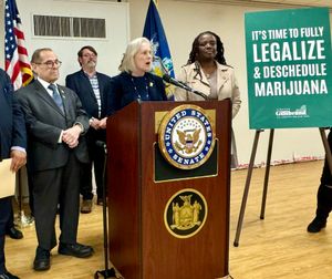 질리브랜드가 2024년 제리 내들러 하원 의원과의 기자 회견에서 바이든 행정부에 대마초 규제 완화를 촉구하고 있다.