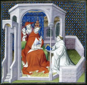 1307년, 몽골에 대한 보고서인 동방의 이야기들의 꽃(La Flor des Estoires d'Orient)을 교황 클레멘스 5세에게 전달하는 코리코스의 헤이톤.